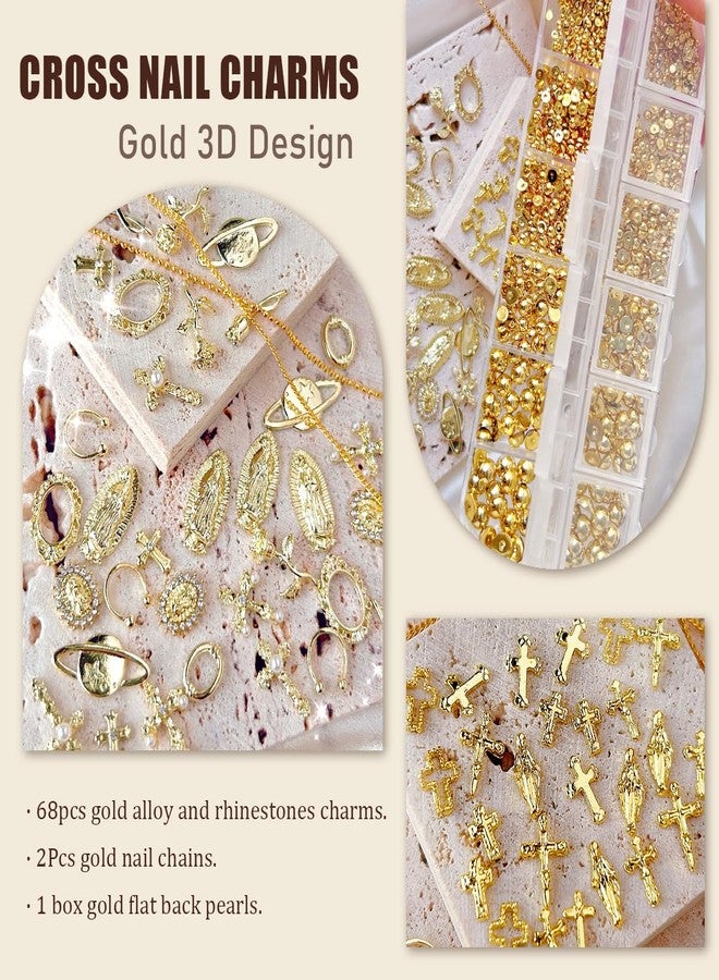 LCiclly 3D Cross Nail Charms,Gold Flat Back Nail Pearls Beads for Crafting,Cute Nail Charms Y2k Rhinestones Jewelry for Nail Art Flower Virgin Mary Religious Charms Gems Bulk Nail Chains (Gold) - Image 2