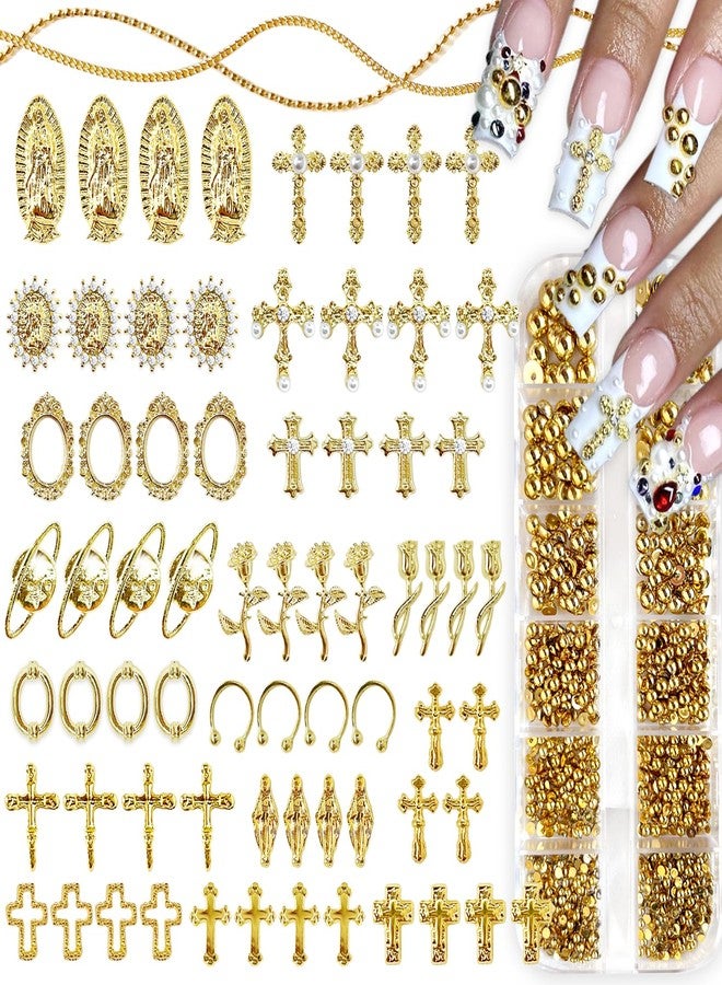 LCiclly 3D Cross Nail Charms,Gold Flat Back Nail Pearls Beads for Crafting,Cute Nail Charms Y2k Rhinestones Jewelry for Nail Art Flower Virgin Mary Religious Charms Gems Bulk Nail Chains (Gold) - Image 1