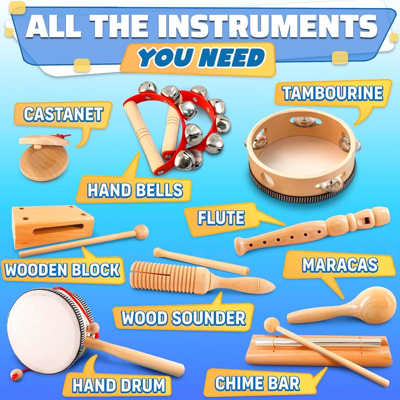 KETAR Wooden Musical Instruments Set – 13-Piece Music Instruments Kit with Durable Storage Bag – Enhances Rhythm and Coordination – Percussion Instrument | Good Gift for Music-Loving Families - Image 2