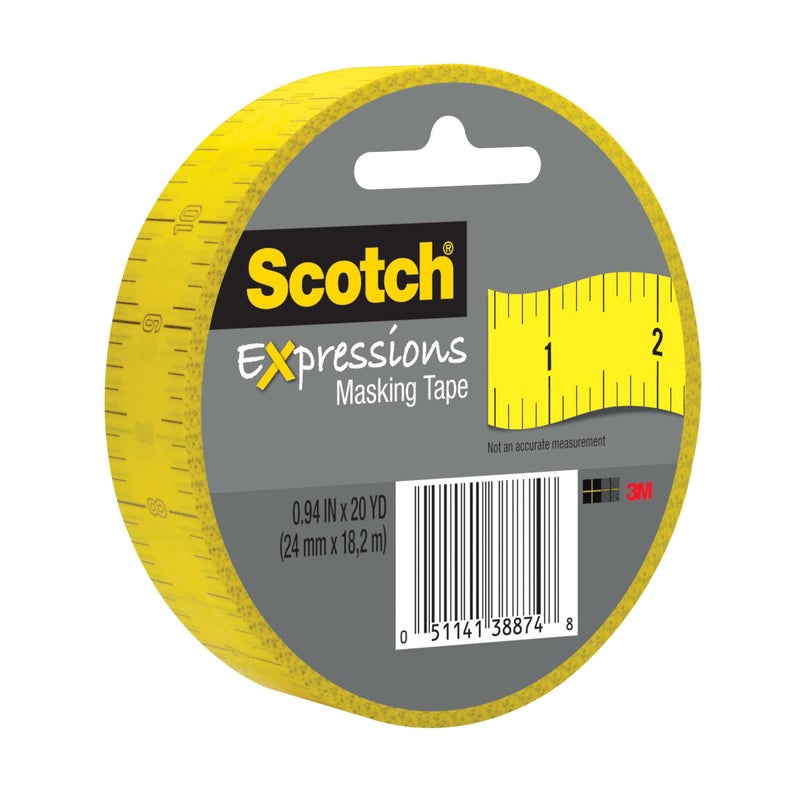 3M Scotch Expressions Ruler Print Masking Tape, Yellow, 0.94 in x 20 yd, 1 Roll for Crafts, DIY, Classroom Decor - Image 1
