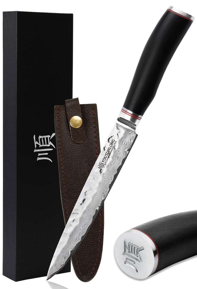 YOUSUNLONG Carving Knives 8 inch Slicing Knives Japanese Hammered Damascus Natural Leadwood Handle with Leather Sheath - Image 1