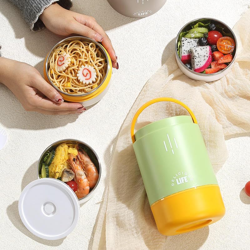daiDokoro Insulated Stainless Steel Lunch Box with Spoon | 3-Tier Stackable Hot & Cold Leak-Proof Food Container | Portable Tiffin for Office, School & Travel (Olive Amber, 900ml) - Image 5