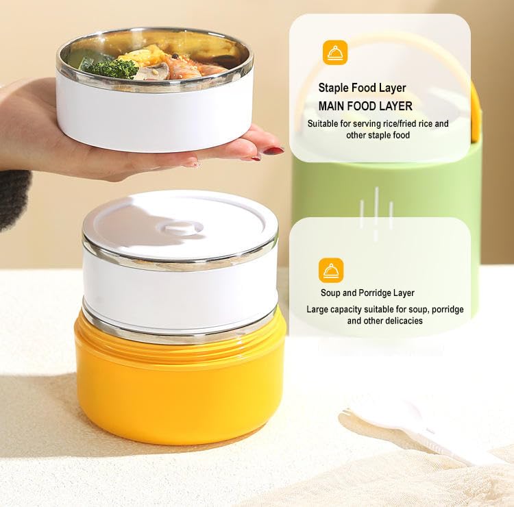 daiDokoro Insulated Stainless Steel Lunch Box with Spoon | 3-Tier Stackable Hot & Cold Leak-Proof Food Container | Portable Tiffin for Office, School & Travel (Olive Amber, 900ml) - Image 4