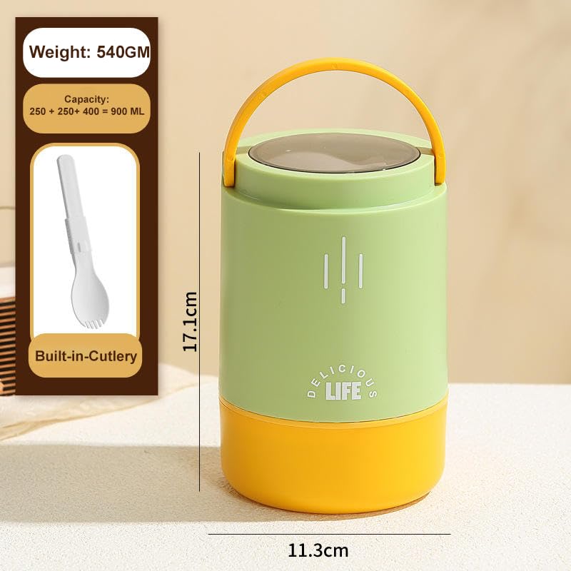 daiDokoro Insulated Stainless Steel Lunch Box with Spoon | 3-Tier Stackable Hot & Cold Leak-Proof Food Container | Portable Tiffin for Office, School & Travel (Olive Amber, 900ml) - Image 3