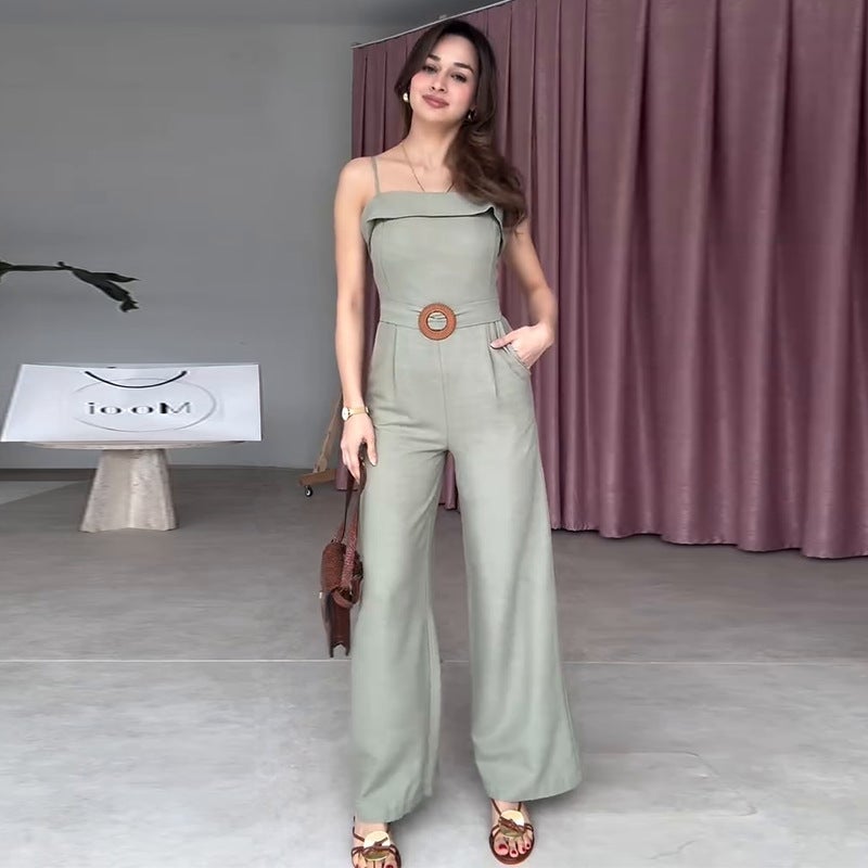Women'S Casual Elegant Wide-Leg Waist-Cinching Solid Color Jumpsuit Pants - Image 4