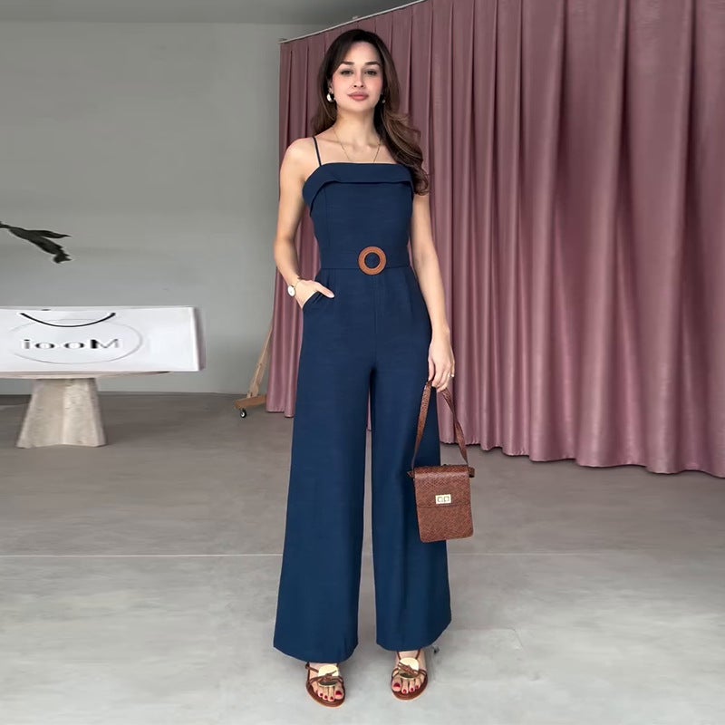 Women'S Casual Elegant Wide-Leg Waist-Cinching Solid Color Jumpsuit Pants - Image 1
