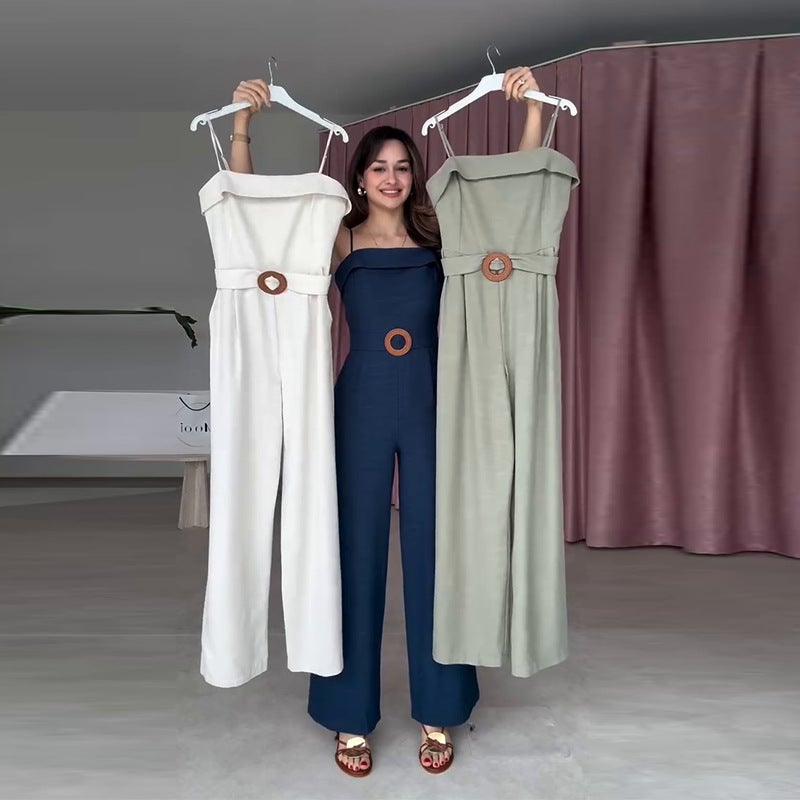 Women'S Casual Elegant Wide-Leg Waist-Cinching Solid Color Jumpsuit Pants - Image 5