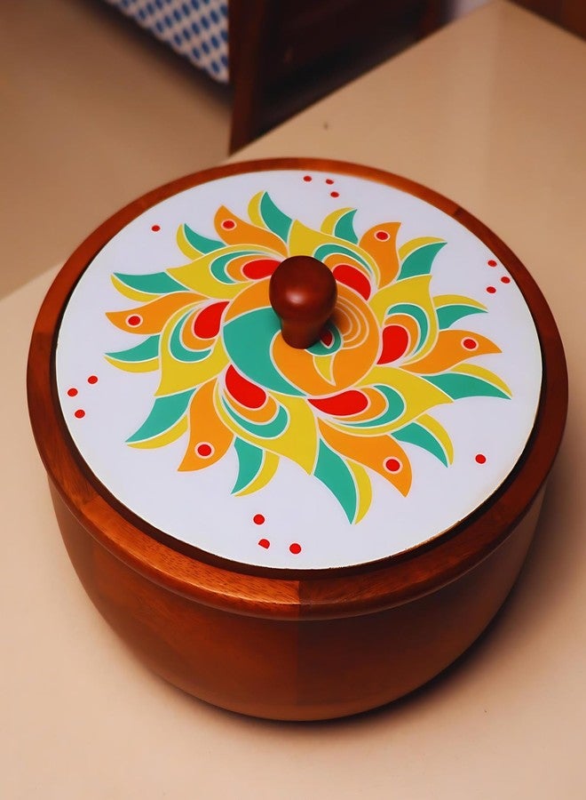 Loosebucket® Rangoli Chapati Box, Mango Wooden Roti Box with Lid, Casserole for Roti, Set of 1,Roti Dabba with Lid | Casserole for Dining(25.4X25.4X20Cm, Multi Colour) - Image 1