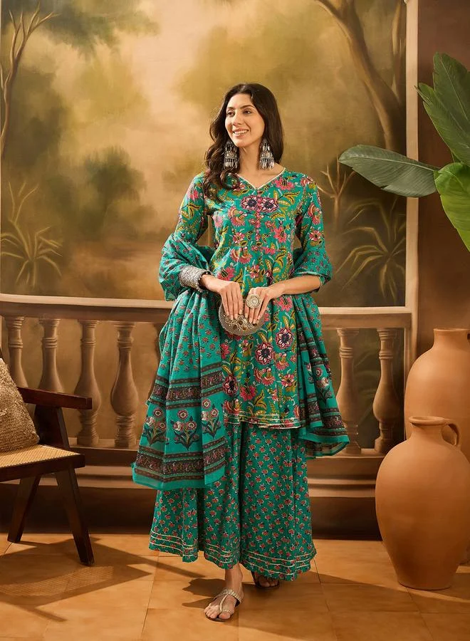 Sanskrutihomes Turquoise Floral Print V-Neck Kurta and Pants Set with Dupatta