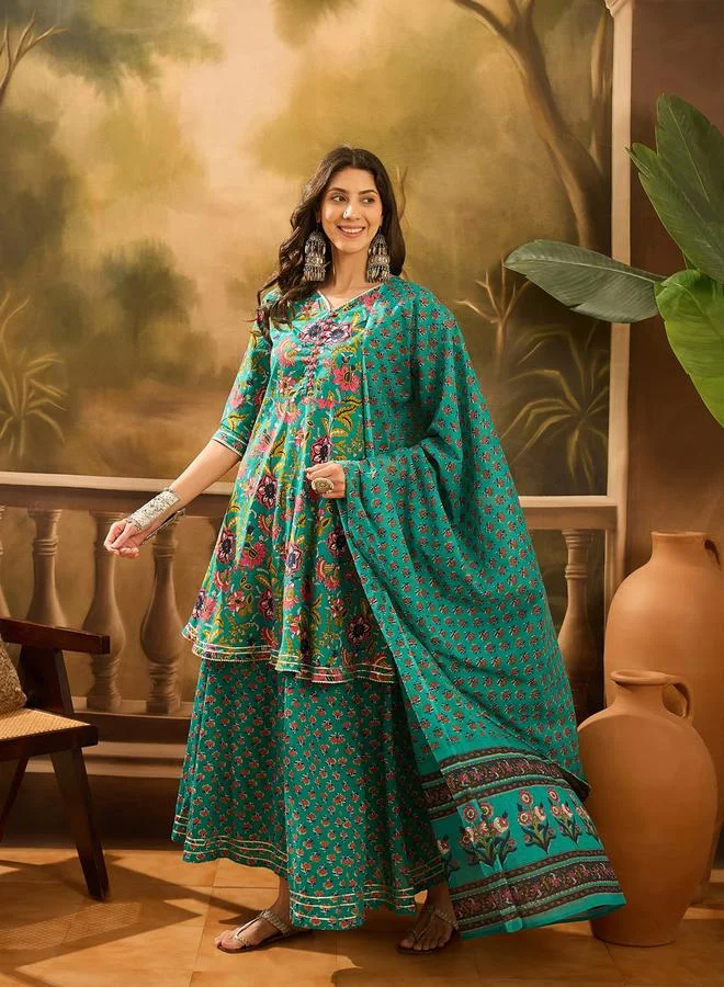 Sanskrutihomes Turquoise Floral Print V-Neck Kurta and Pants Set with Dupatta