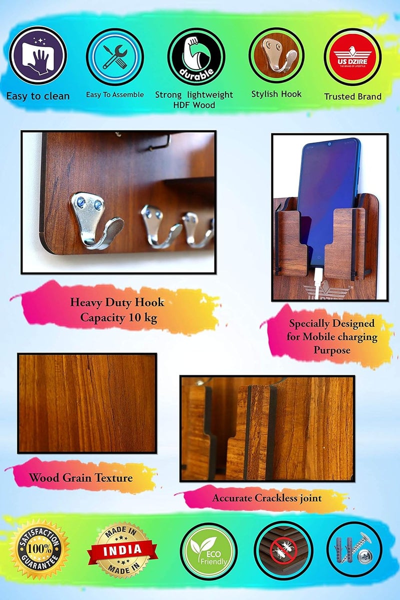 US DZIRE US DZIRE 830 Modern Key Holder with Mobile Charging Wall Mounted Stand Cloth toval Napkin Hanger Wooden Handcrafted Home Office Decoration  - Image 3