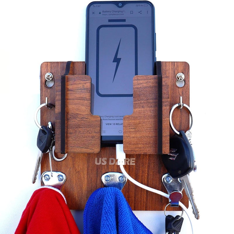 US DZIRE US DZIRE 830 Modern Key Holder with Mobile Charging Wall Mounted Stand Cloth toval Napkin Hanger Wooden Handcrafted Home Office Decoration  - Image 1