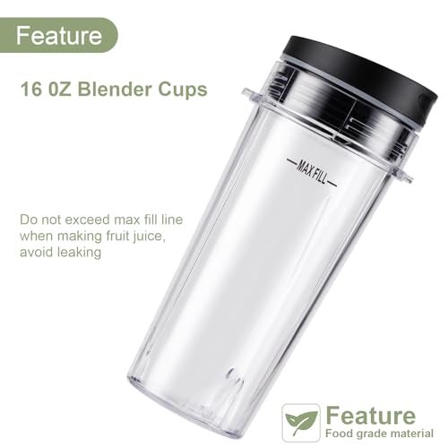 Equust 5-piece Ninja Blender Cups Replacement Single Serve 16oz Cups with Sip & Seal Lids, 6 Fins Extractor Blade Compatible with Nurti Ninja Blenders Pro BL660 BL663 BL663CO BL665Q BL740 BL770 - Image 2