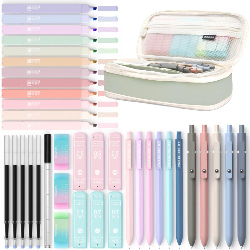 Four Candies 39 PCS Aesthetic School Supplies with Cute Pen Case, 12 Pastel Highlighters, 5 Black Ink Gel Pens, 6 Mechanical Pencils Set for Students Stationary College Essentials (Green) - Image 1