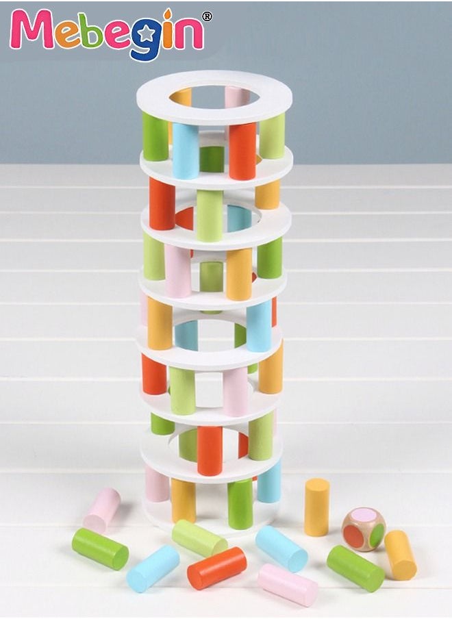 MEBEGIN - 57 Pieces Wooden Tower Stacking Game ToysTower Building Blocks With Dice Toppling Party Family Games For Kids And Adults - Image 1