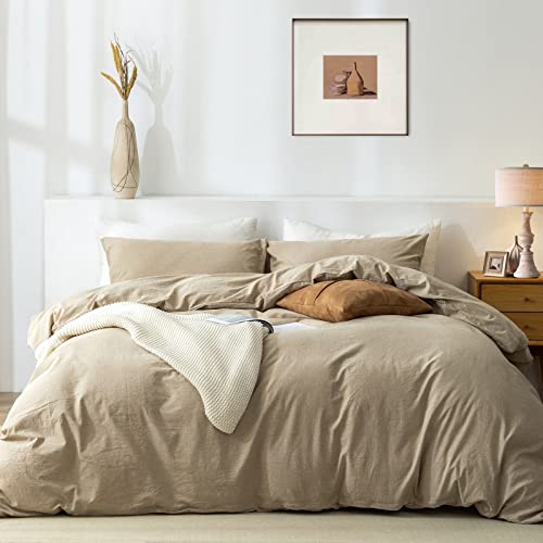 TIPTOE BEAR King Duvet Cover Set 100 Washed Cotton 3 Pcs Soft Comfy Breathable Chic Linen Feel Bedding 1 Duvet Cover and 2 Pillow Shams Beige