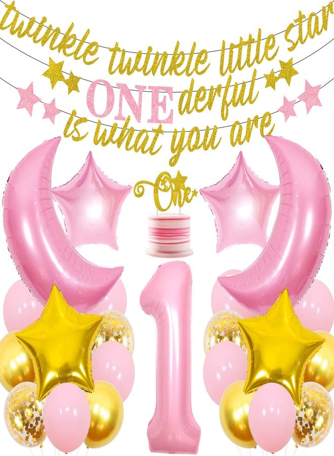 Balterever Twinkle Twinkle Little Star 1st Birthday Decorations Girl Gold Pink Banner Cake Topper Moon and Star Balloons for Baby Shower or Girl 1st Birthday Party - Image 1
