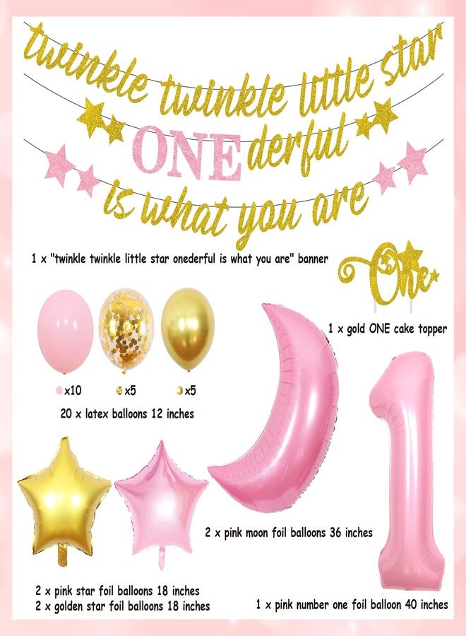 Balterever Twinkle Twinkle Little Star 1st Birthday Decorations Girl Gold Pink Banner Cake Topper Moon and Star Balloons for Baby Shower or Girl 1st Birthday Party - Image 2
