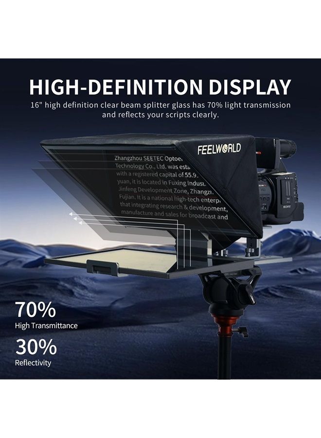 Feelworld TP16 16 Inch Folding Teleprompter for Up to 16" Tablet Horizontal Vertical Prompt for Live Streaming Interview Speech Online Teaching Vlogger with APP Remote Control Carry Case - Image 2