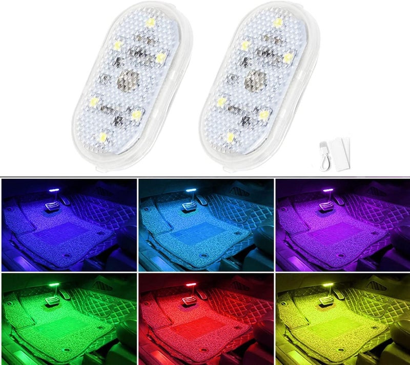 كاست ويف أضواء LED للسيارة الداخلية، 7 ألوان أضواء LED داخلية للسيارة مع 6 حبات مصابيح LED ساطعة، ضوء قراءة ليلي محمول، إضاءة جو داخل السيارة قابلة للشحن عبر USB، قطعتان - Image 1