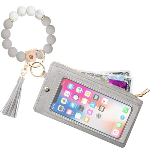 COOLANS Wristlet Bracelet Keychain Pocket Credit Card Holder Purse Tassel Keychain Bangle Key Ring for Women (Silicone Bead Bracelet+Cell Phone Purse(Grey)) - Image 1
