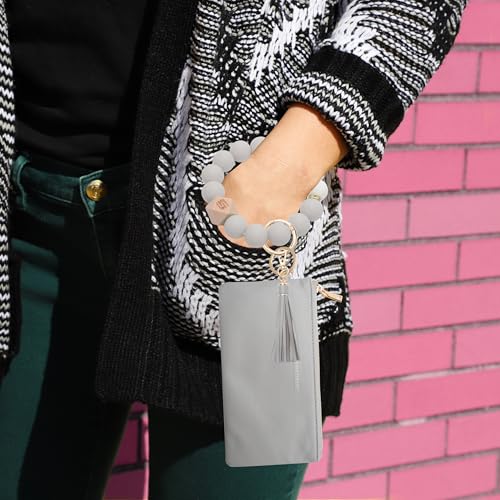 COOLANS Wristlet Bracelet Keychain Pocket Credit Card Holder Purse Tassel Keychain Bangle Key Ring for Women (Silicone Bead Bracelet+Cell Phone Purse(Grey)) - Image 5