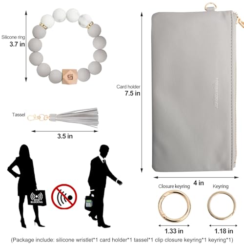 COOLANS Wristlet Bracelet Keychain Pocket Credit Card Holder Purse Tassel Keychain Bangle Key Ring for Women (Silicone Bead Bracelet+Cell Phone Purse(Grey)) - Image 3