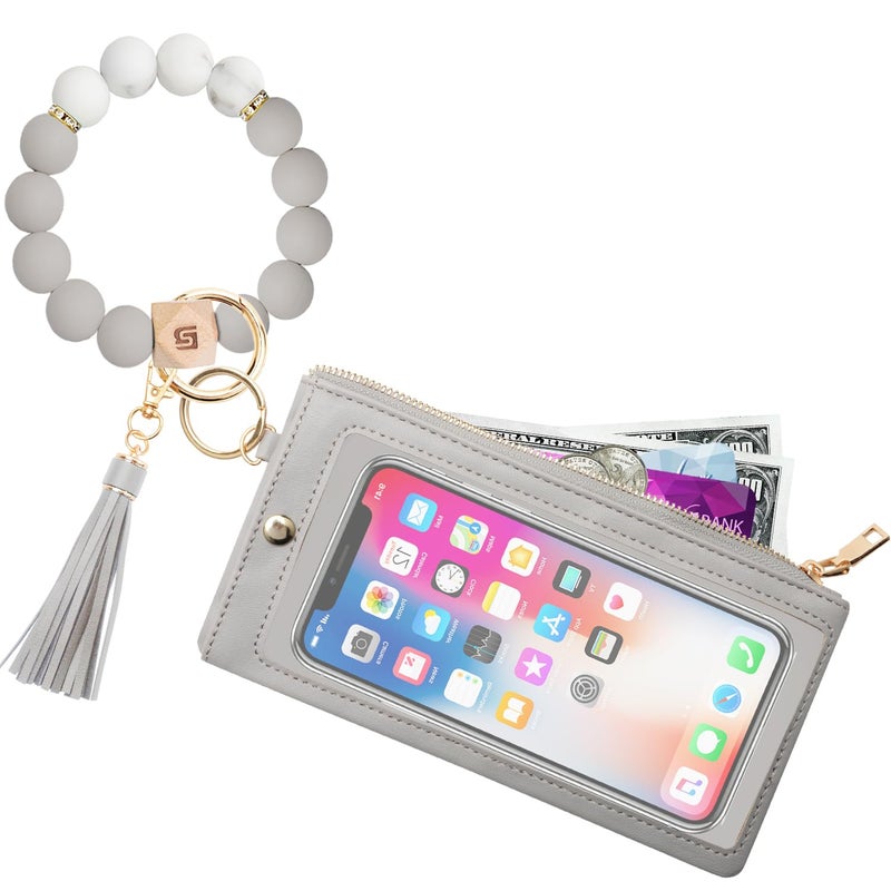 COOLANS Wristlet Bracelet Keychain Pocket Credit Card Holder Purse Tassel Keychain Bangle Key Ring for Women (Silicone Bead Bracelet+Cell Phone Purse(Grey)) - Image 4