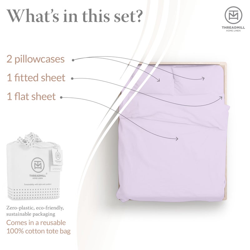 Threadmill Cotton Full Size Sheet Set  Deep Pocket  Fade Resistance  500 Thread Count  Solid 4-Piece Bed Sheets for Full Size Mattress (1 Flat  1 Fitted Sheet  2 Pillow Covers)  Lilac - Image 3