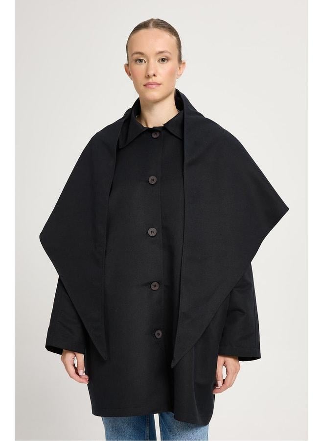 mina aise Women's Black Oversize Mobile Collared Lined Design Trench Coat 30009. - Image 1