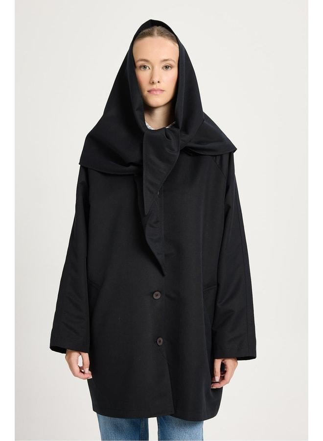 mina aise Women's Black Oversize Mobile Collared Lined Design Trench Coat 30009. - Image 3