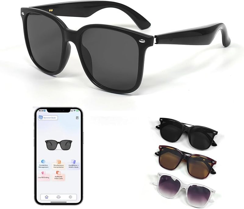 نظارات ذكية للصوت مع بلوتوث مزودة بترجمة 150 لغة وحماية من الأشعة فوق البنفسجية ومكبرات صوت باللون الأسود - Image 1