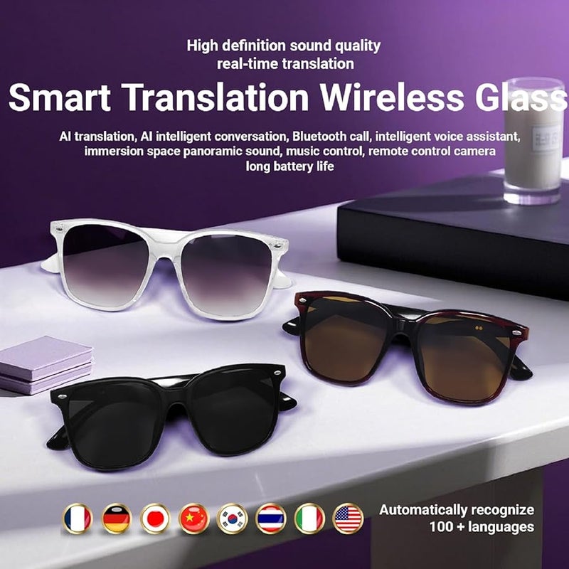 نظارات ذكية للصوت مع بلوتوث مزودة بترجمة 150 لغة وحماية من الأشعة فوق البنفسجية ومكبرات صوت باللون الأسود - Image 3