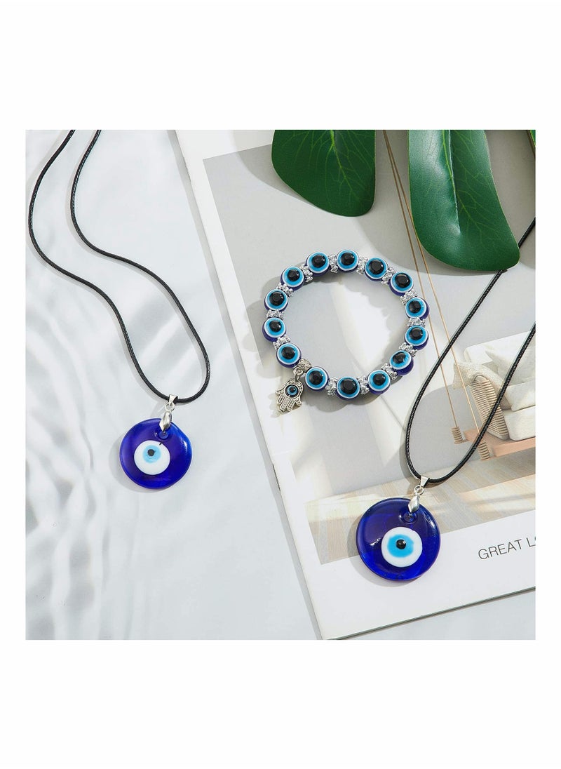SYOSI - 4 Pieces Eye Necklace with Eye Bracelet Set Blue Eye Bead Hand Stretch Bracelet and Glass Eye Faux Leather Rope Chain Necklace for Women and Men - Image 1
