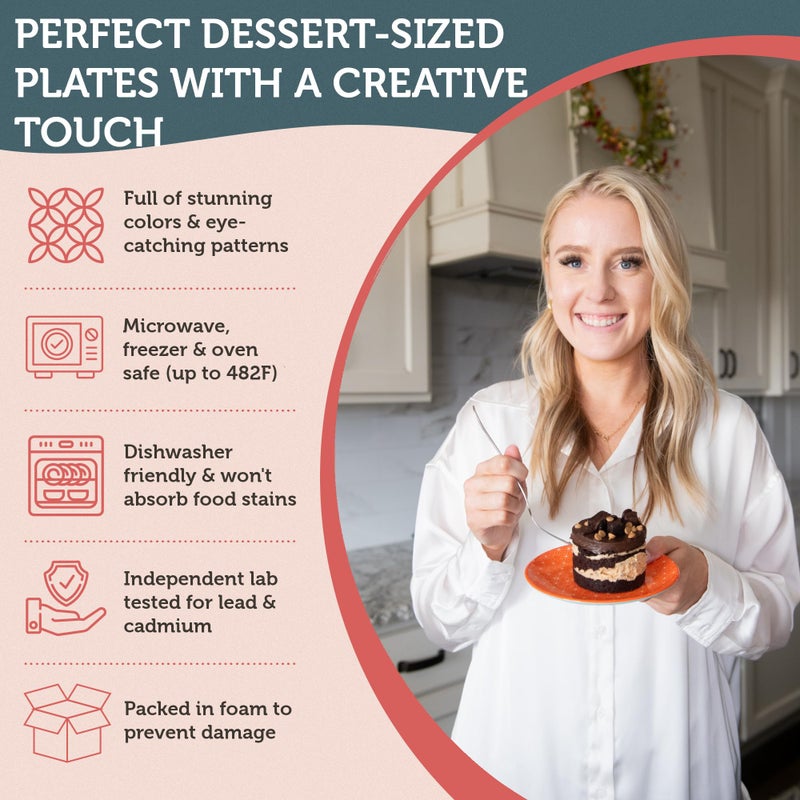 Annovero Dessert Plates - Small 6 Inch Plate For Appetizer  Cake  Snack  Pie  Cocktail - Microwavable - Decorative Colorful Porcelain Mini Saucer - Zero Lead & Cadmium - Set Of 6 - Image 4