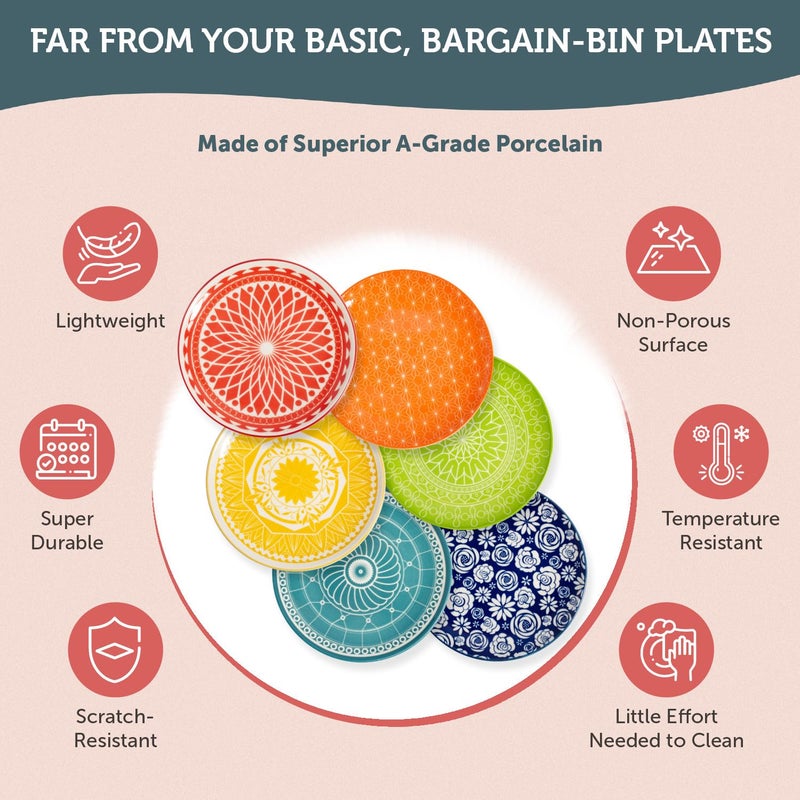 Annovero Dessert Plates - Small 6 Inch Plate For Appetizer  Cake  Snack  Pie  Cocktail - Microwavable - Decorative Colorful Porcelain Mini Saucer - Zero Lead & Cadmium - Set Of 6 - Image 5