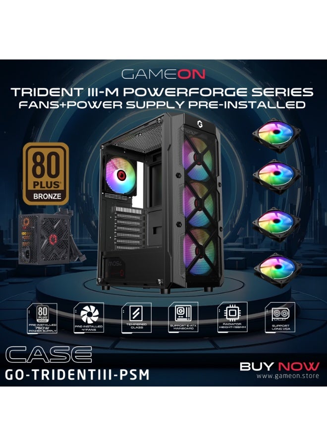 GAMEON TRIDENT III-M POWERFORGE Series Mid Tower Gaming Case – Pre-Installed 750W PSU & 4 LED Fans | 240mm Radiator Support | Tempered Glass | ATX/M-ATX/ITX Compatible black - Image 2