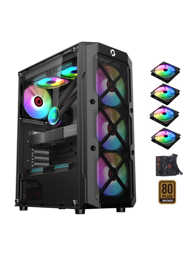 TRIDENT III-M POWERFORGE Series Mid Tower Gaming Case – Pre-Installed 750W PSU & 4 LED Fans | 240mm Radiator Support | Tempered Glass | ATX/M-ATX/ITX Compatible black