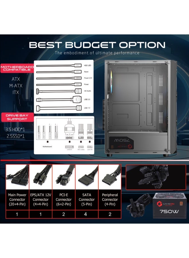 GAMEON TRIDENT III-M POWERFORGE Series Mid Tower Gaming Case – Pre-Installed 750W PSU & 4 LED Fans | 240mm Radiator Support | Tempered Glass | ATX/M-ATX/ITX Compatible black - Image 4