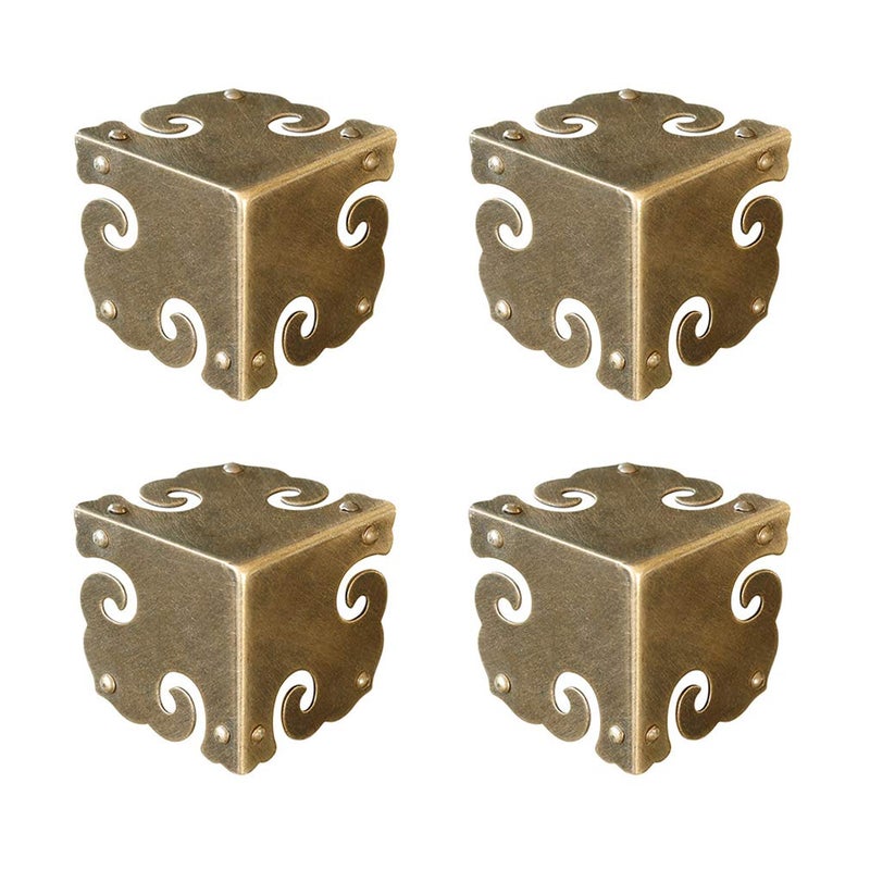 Tiazza 4Pcs Vintage Pure Brass Corner Protectors Antique Hardware Desk Edge Wooden Jewelry Gift Box Cabinet Three Sides Full Encase Corner Guard Antique Bronze