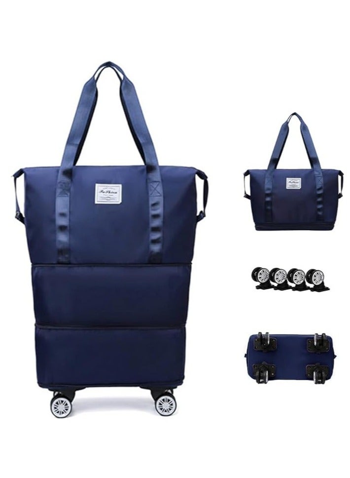 DUNISO Fashionable Travel Bag With Detachable Universal Wheels, Foldable Luggage Bag,  Double Layer Expandable Suitcases Large Capacity Dry Wet Separation Duffle Bag With Wheels (Dark Blue) - Image 1