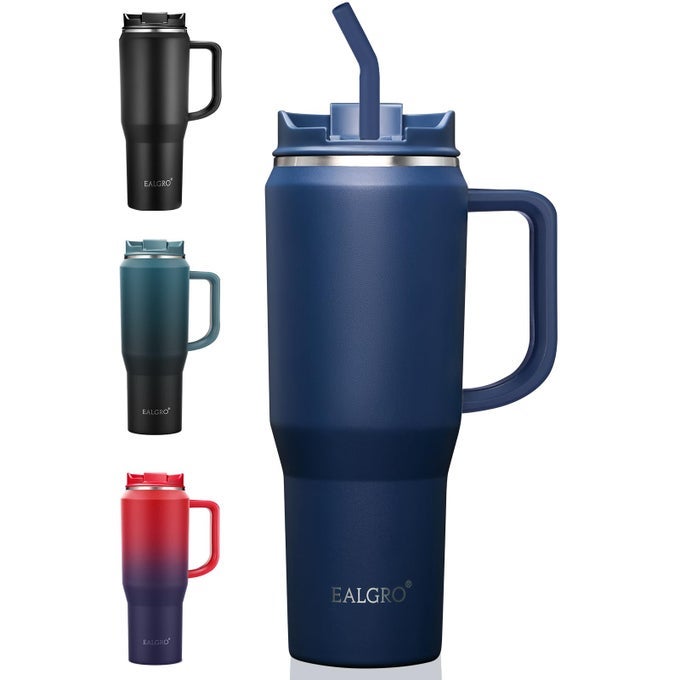 INSULATED COFFEE MUG CUP WITH LID 40 OZ TUMBLER WITH HANDLE AND STRAW DOUBLE WALLED STAINLESS STEEL COFFEE TUMBLER THERMAL WATER BOTTLE JUG NAVY BLUE
