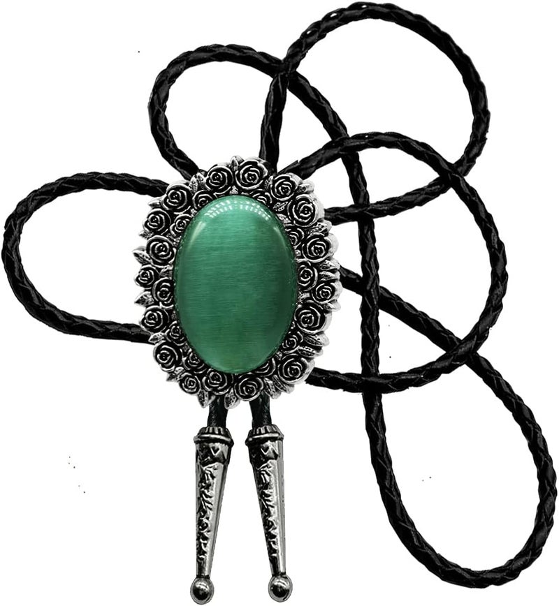 Moranse Bolo Tie With Emerald Blue and Black or More Colors Stone Celtic Style Genuine and Cowhide Rope - Image 1