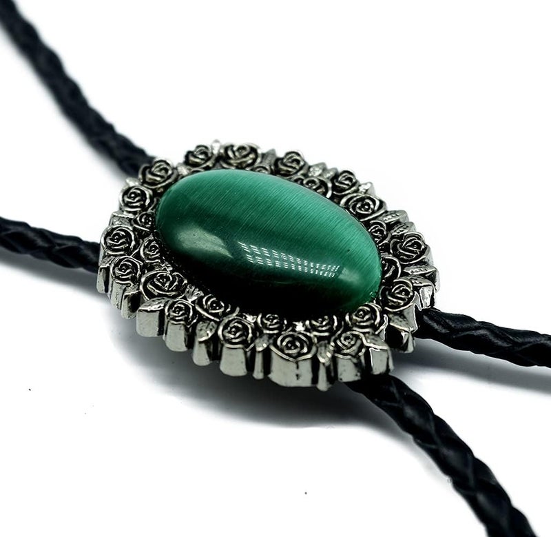 Moranse Bolo Tie With Emerald Blue and Black or More Colors Stone Celtic Style Genuine and Cowhide Rope - Image 3