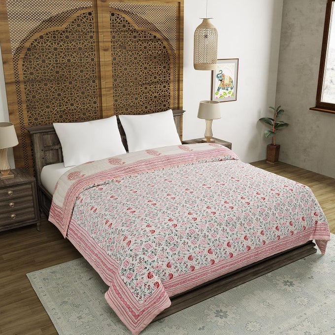HAND BLOCK PRINTED COTTON KING SIZE QUILTRAJAI 90 INCH X 108 INCH PINK JAAL REVERSIBLE BREATHABLE300 TC