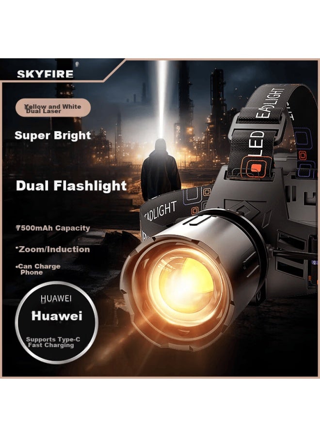 Skyfire Headlamp, High-intensity Rechargeable Ultra-bright Head-mounted Flashlight, Specially Designed For Fishing, Motion-sensing Battery Life, Long-lasting - Image 1
