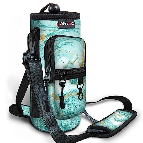 ARTSO Water Bottle Carrier Bag Sling Holder Pouch 25oz 32oz 40oz 64oz Insulated Water Bottle Sleeve Case Cover with Adjustable Shoulder Hand Strap Pocket for Men Women Teal Turqoise Marble - Image 1