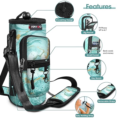 ARTSO Water Bottle Carrier Bag Sling Holder Pouch 25oz 32oz 40oz 64oz Insulated Water Bottle Sleeve Case Cover with Adjustable Shoulder Hand Strap Pocket for Men Women Teal Turqoise Marble - Image 3