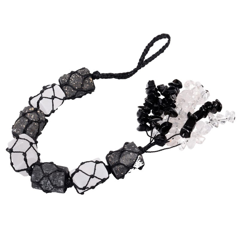 mookaitedecor Black Tourmaline  Selenite Crystal Hanging Ornament with Chip Stones Tassels Feng Shui Car Hanging Decor for Home Yoga Meditation