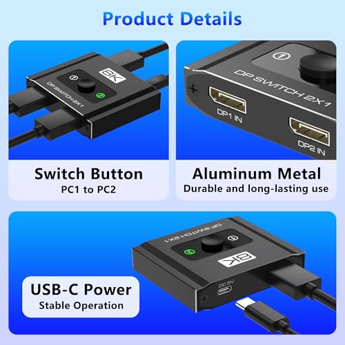 AUKOKIOULA Displayport Switch 2-in-1-out, 8K@60Hz, 4K@120Hz, Resolution DP 1.4 DisplayPort Switcher Selector Box, DSC Support, Display Port Switcher Compatible with PC, Laptop, Monitor, Gaming, TV, NVIDIA, AMD - Image 4